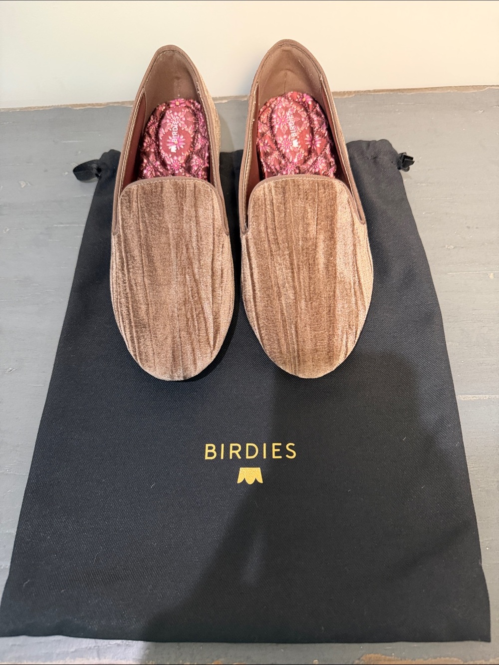 New Birdies Velvet Loafers in Taupe with Pink Insole. Size 7.